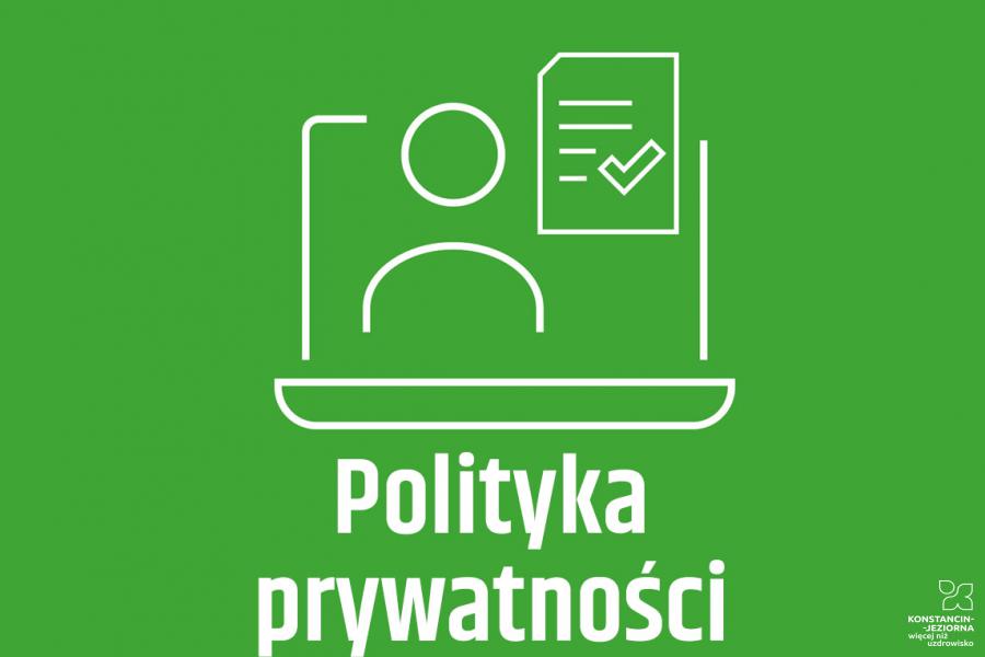 Grafika wektorowa: na zielonym tle biały symbol komputera, formularza i postaci oraz tekst – polityka prywatności.